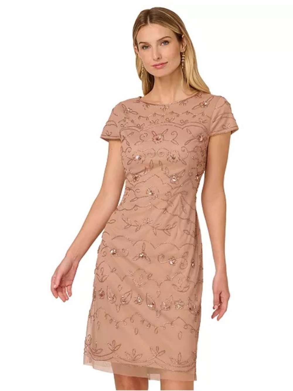 NWT Papell Studio by Adrianna Papell Rose Gold Beaded Mesh Sheath Dress Size 4